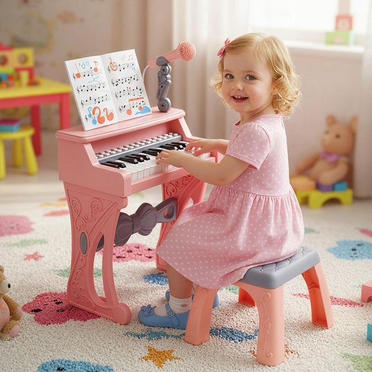 Pink 25 Key Kids Piano | Stool Microphone Stand Music Toy