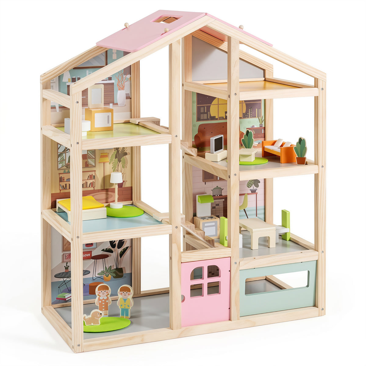 Costway Modern Family DIY Play House Toy with Garage and Openable Door for kids-Pink