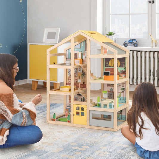 Natural Wooden Dollhouse | Multi-Room Playhouse With Garage For Kids