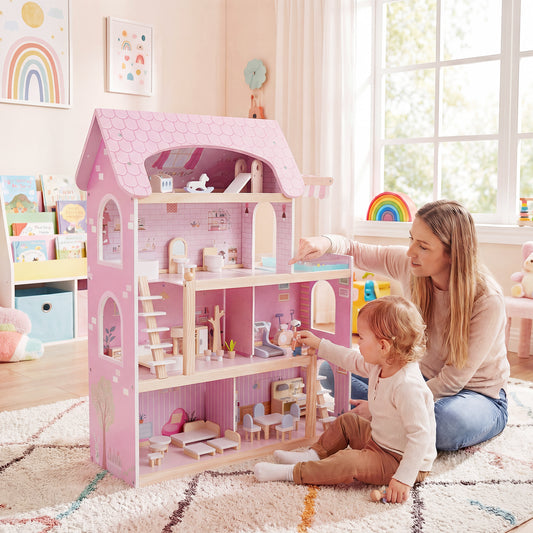 Modern Wooden Dollhouse with Balcony & Pool | 33 Pieces Pink