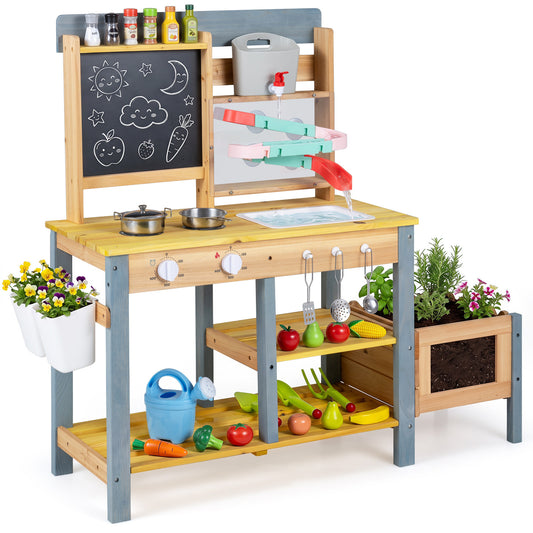 Natural Fir Wood Mud Kitchen | Sink Faucet & Chalkboard Play Set