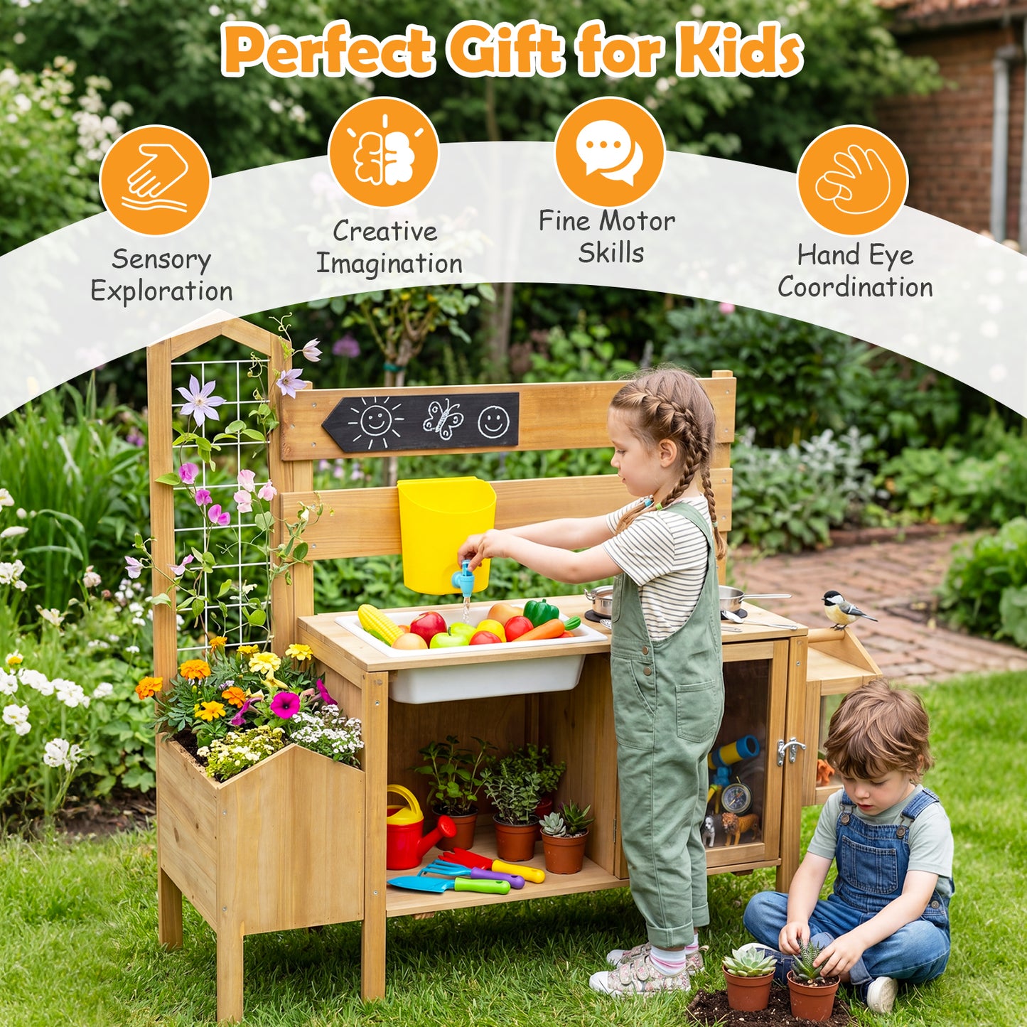 Natural Kids Mud Kitchen | Sink Stove Planter Bird Cage