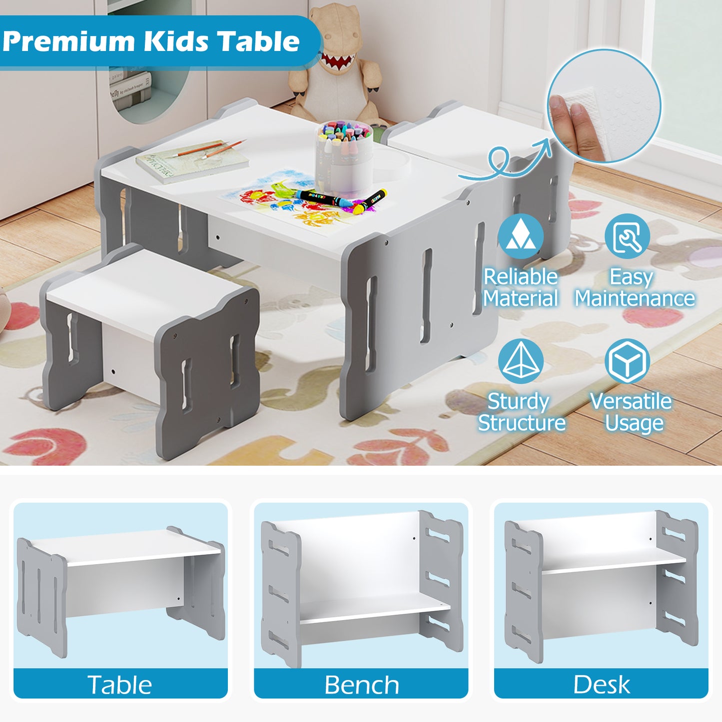 Grey 3-in-1 Toddler Table & Chairs Set | Convertible Design