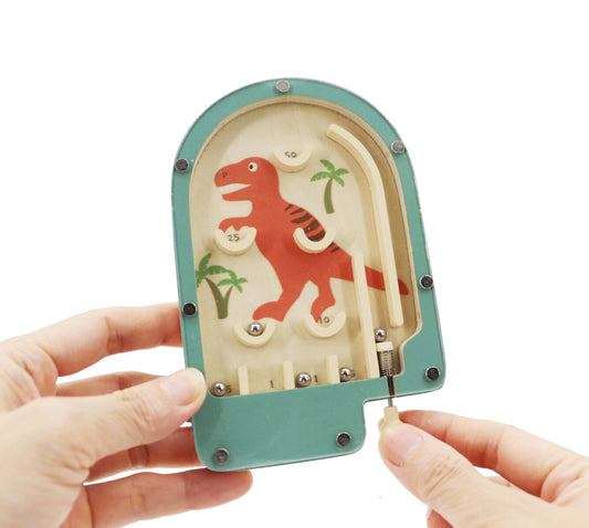 Handcrafted wooden tabletop pinball games, set of six unique designs for classic entertainment and skill-building fun.