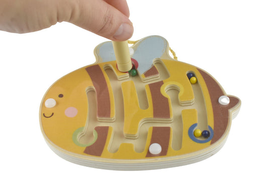 Wooden magnetic maze with bee-themed design challenges fine motor skills and problem-solving abilities.