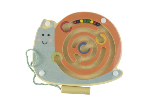 A wooden magnetic maze featuring a snail-shaped slider, promoting fine motor skills and problem-solving through playful.