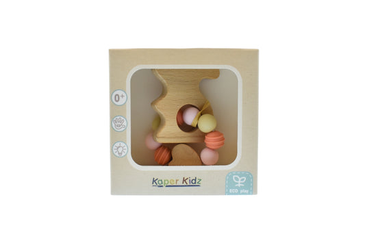 Kaper Kidz wooden bunny teether - eco-friendly design with soft silicone beads for soothing.