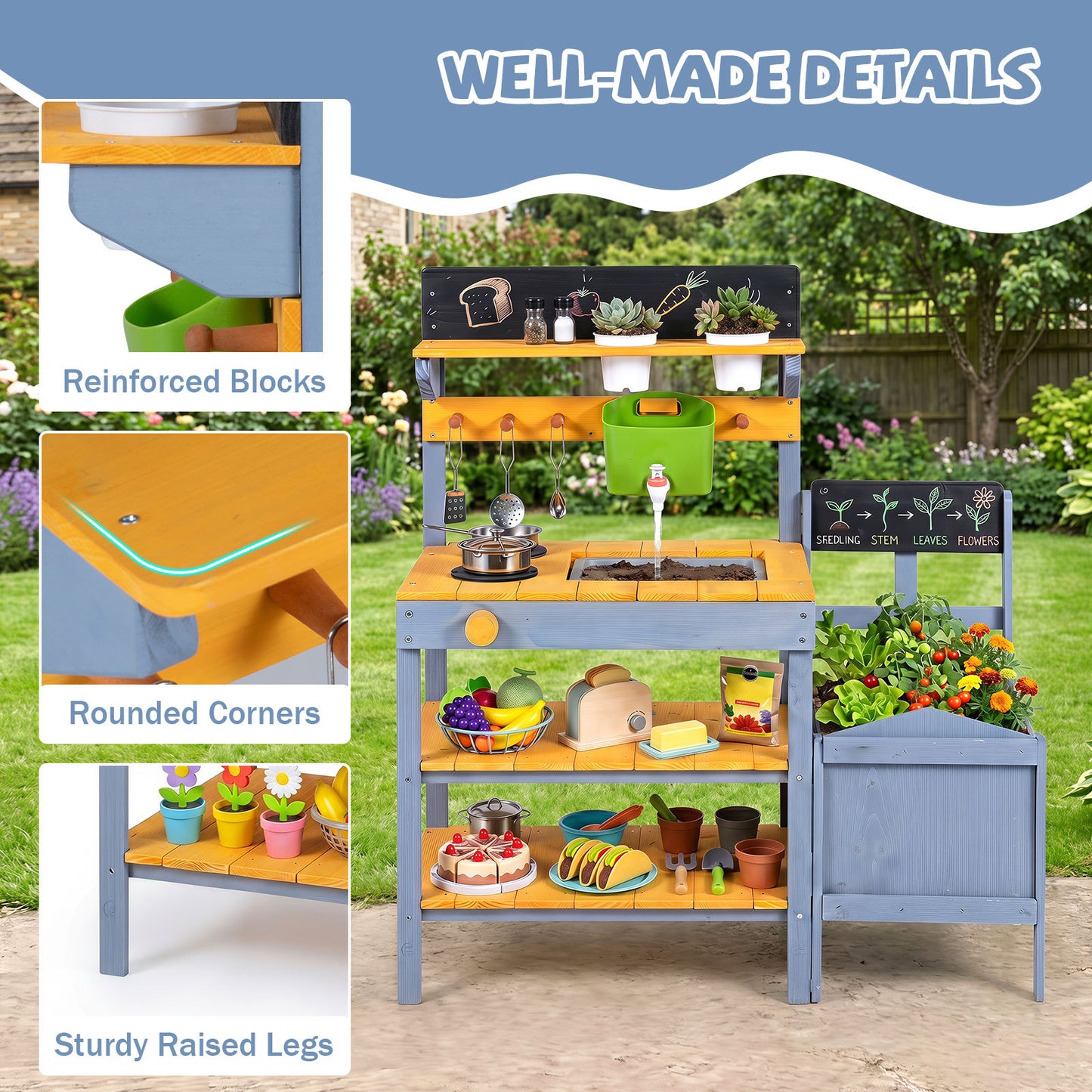 Kids Wooden Mud Kitchen Potting Bench | Yellow & Blue