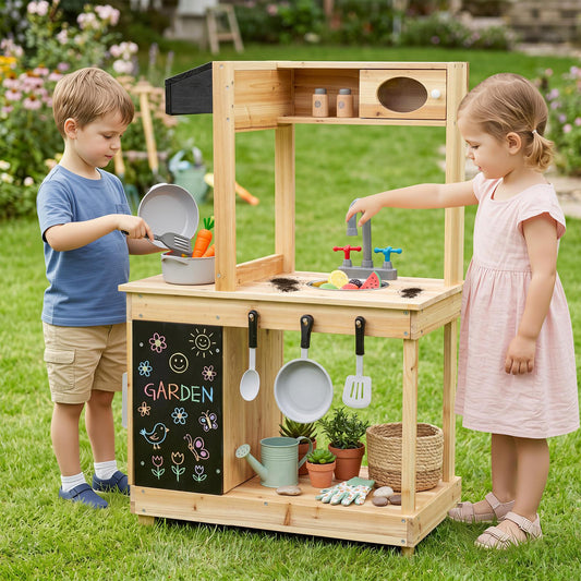 Natural Outdoor Mud Kitchen For Kids | Sink Stove & Chalkboard