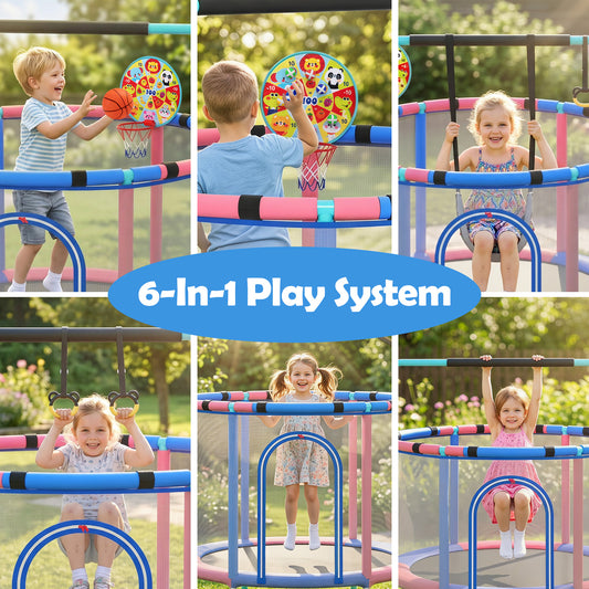 Costway 6-in-1 Toddler Trampoline with Swing Basketball Hoop and Toys-Navy