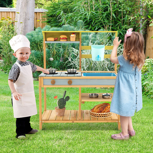 Natural Blue Yellow Wooden Play Kitchen Set With Faucet | Kids
