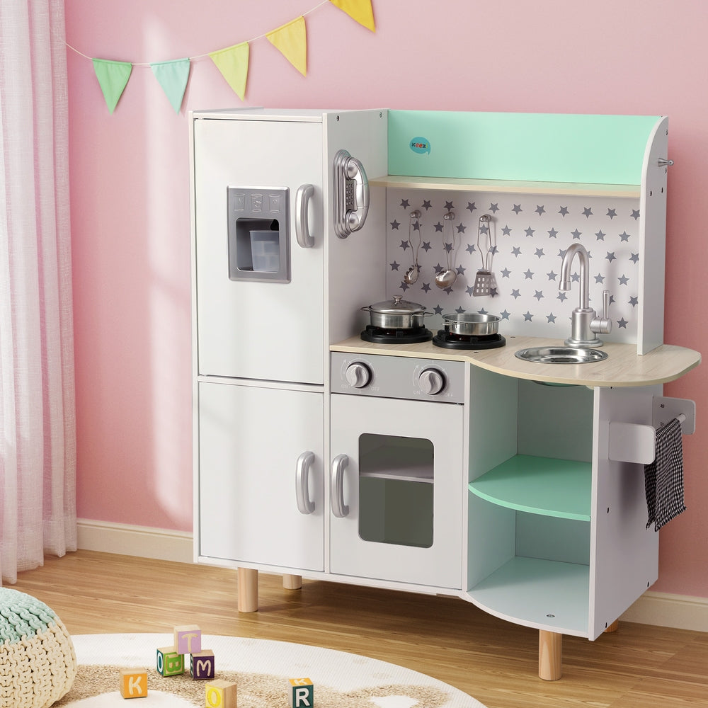 Keezi Kids Wooden Kitchen Play Set | Green with Accessories, ideal for imaginative play
