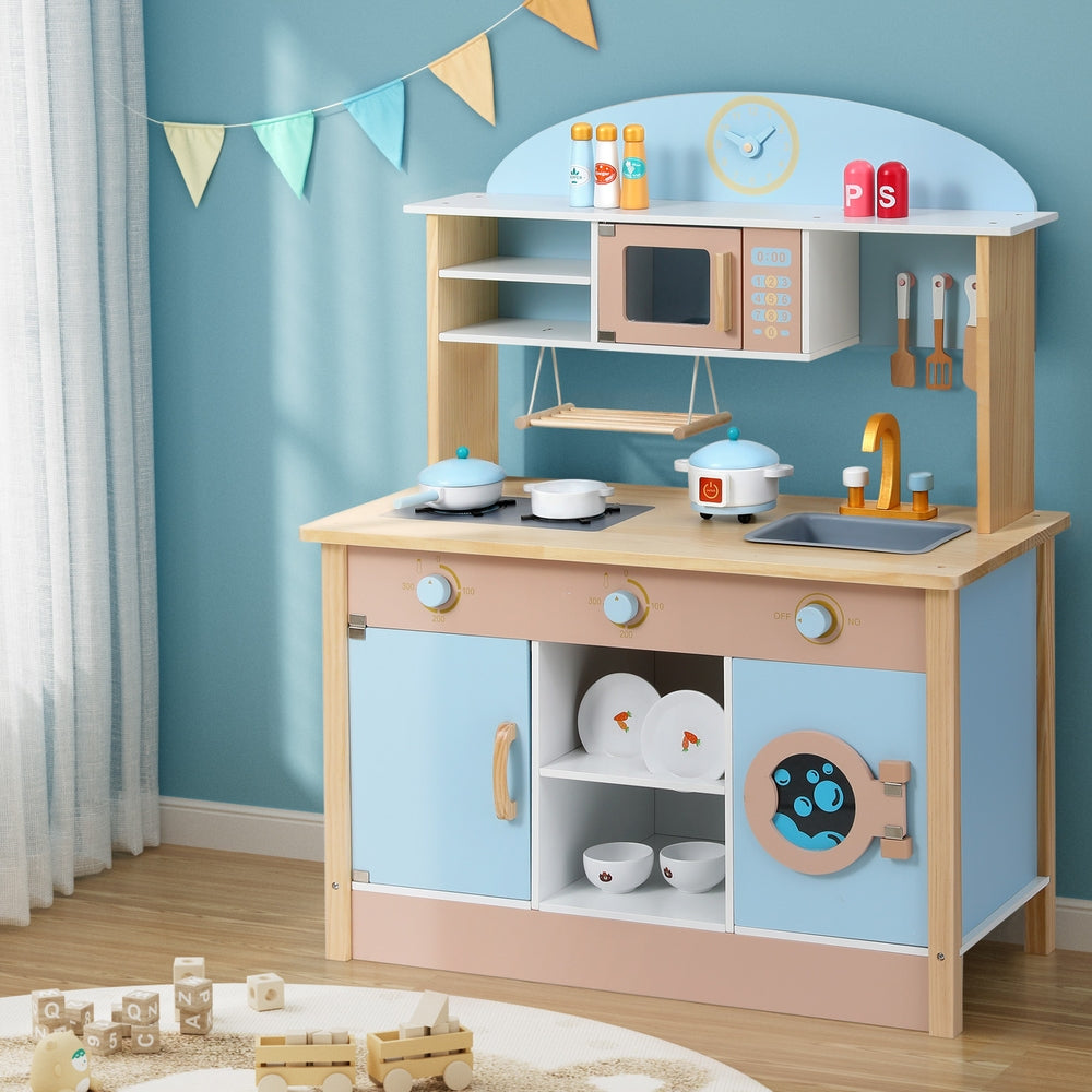 Keezi Kids Wooden Play Kitchen Set with Accessories in Blue, 80cm - Imaginative playtime fun.