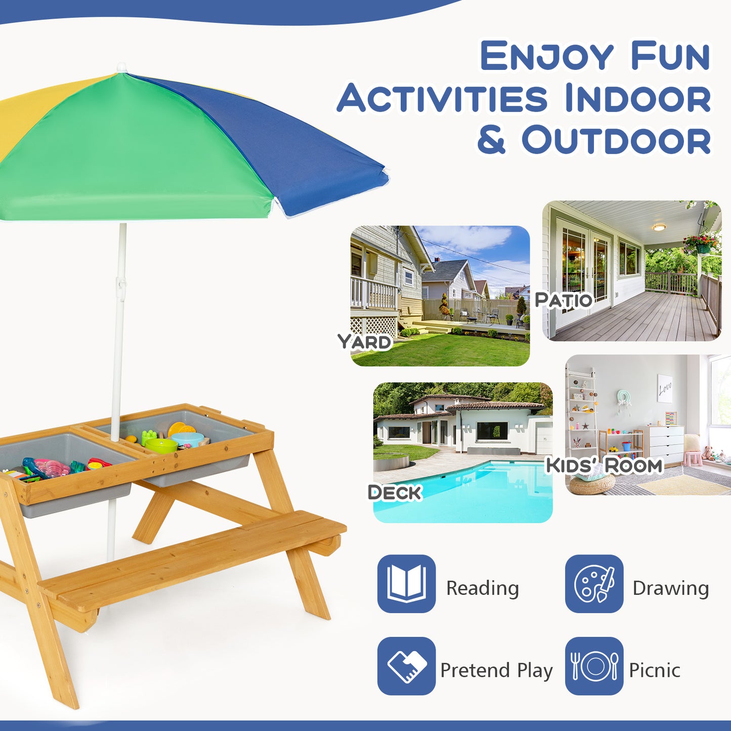 3 In 1 Water Sand Picnic Table | Adjustable Umbrella | Blue Green