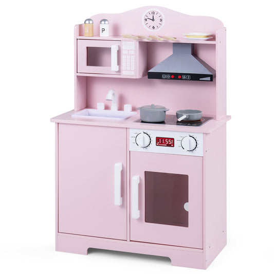 Pink Wooden Play Kitchen | Light-Up Range Hood & Accessories