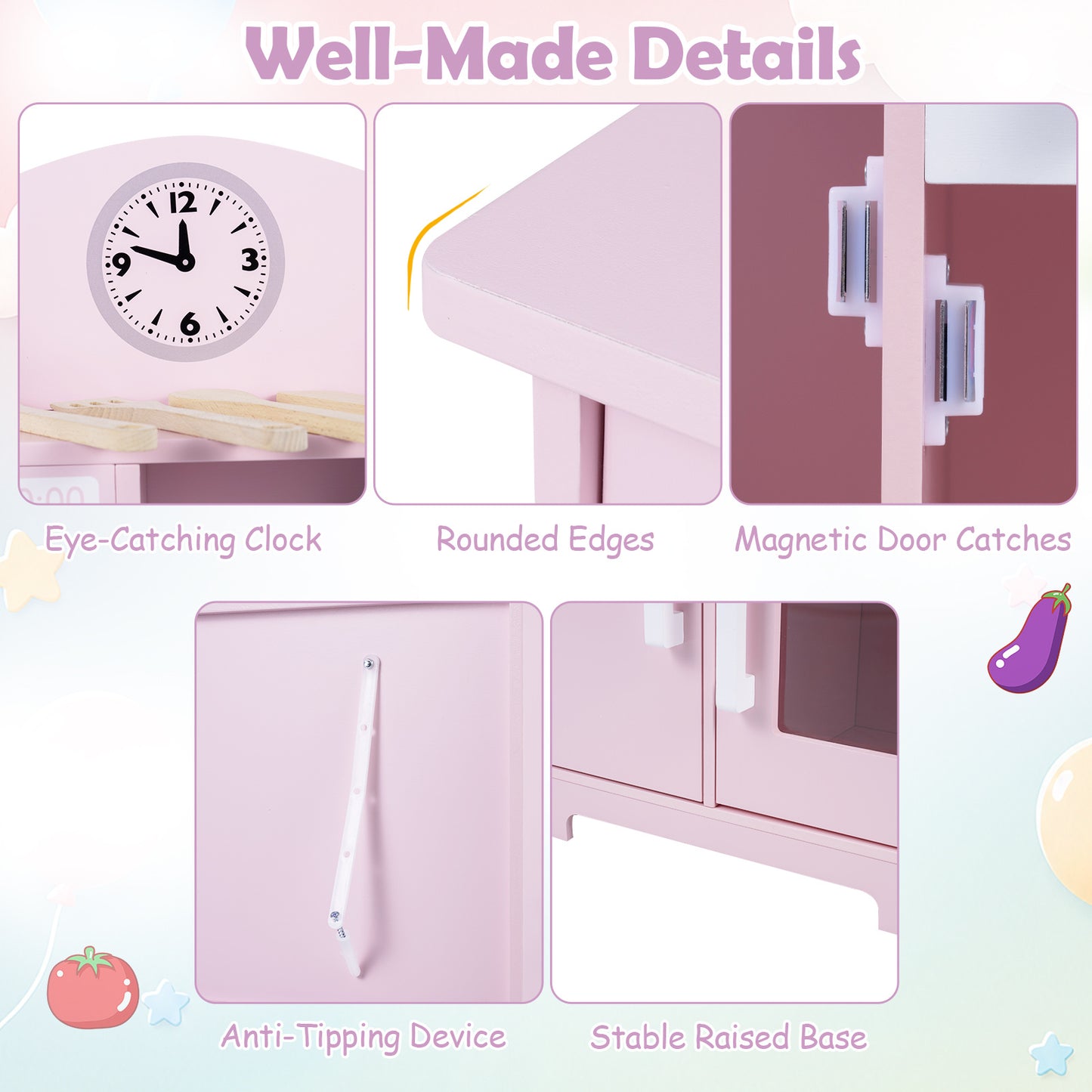 Pink Wooden Play Kitchen | Light-Up Range Hood & Accessories