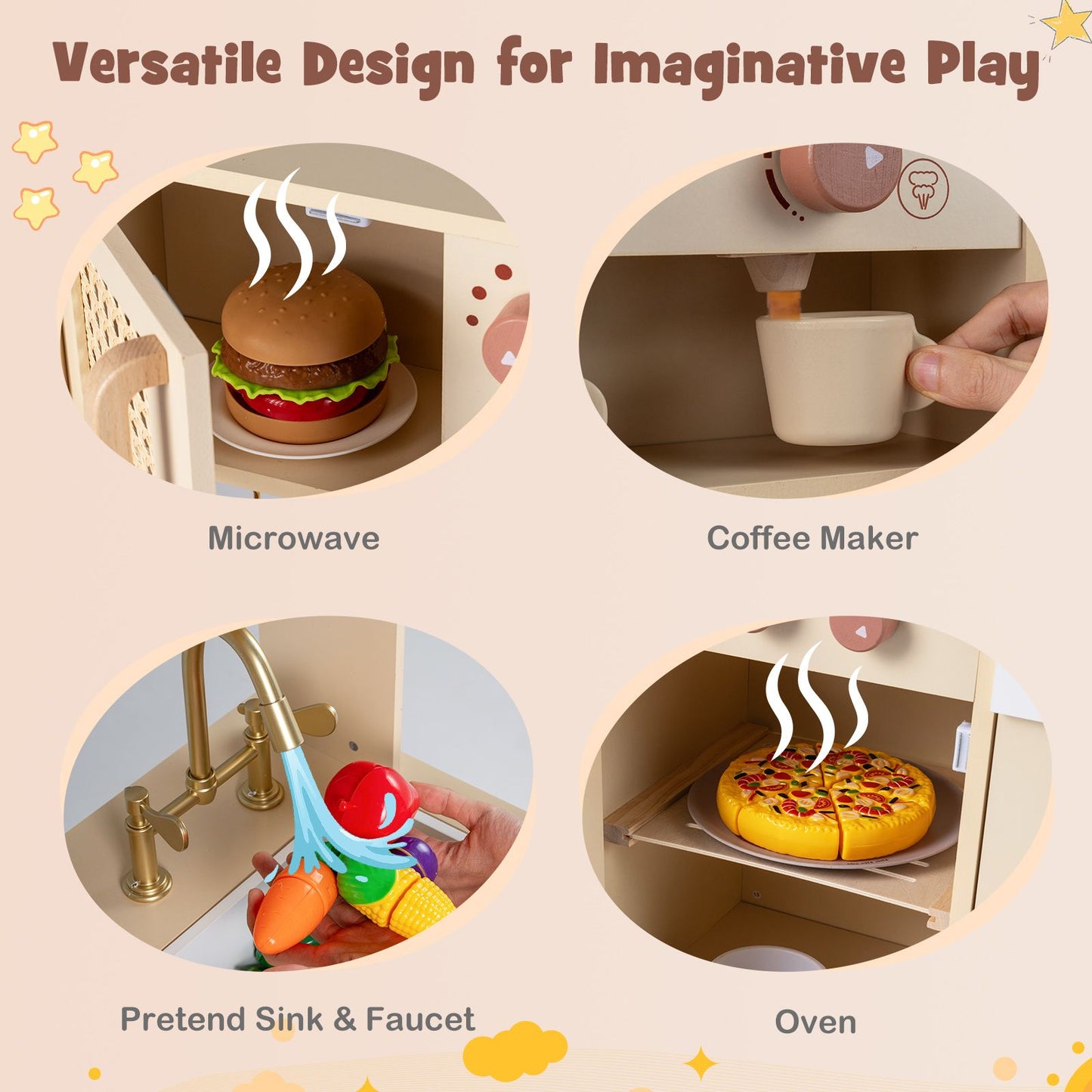 Yellow Wooden Play Kitchen | Lights Sounds Ice Machine Accessories