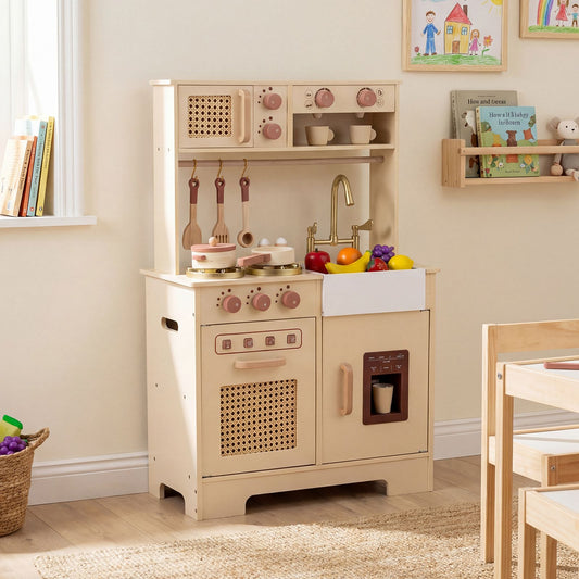 Yellow Wooden Play Kitchen | Lights Sounds Ice Machine Accessories