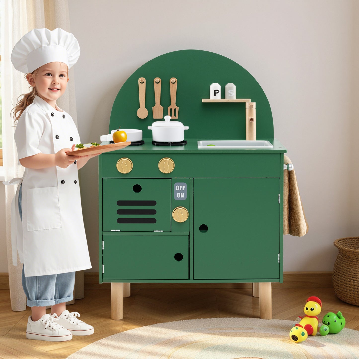 Green Wooden Play Kitchen Set | Stoves Faucet & Clicking Knobs