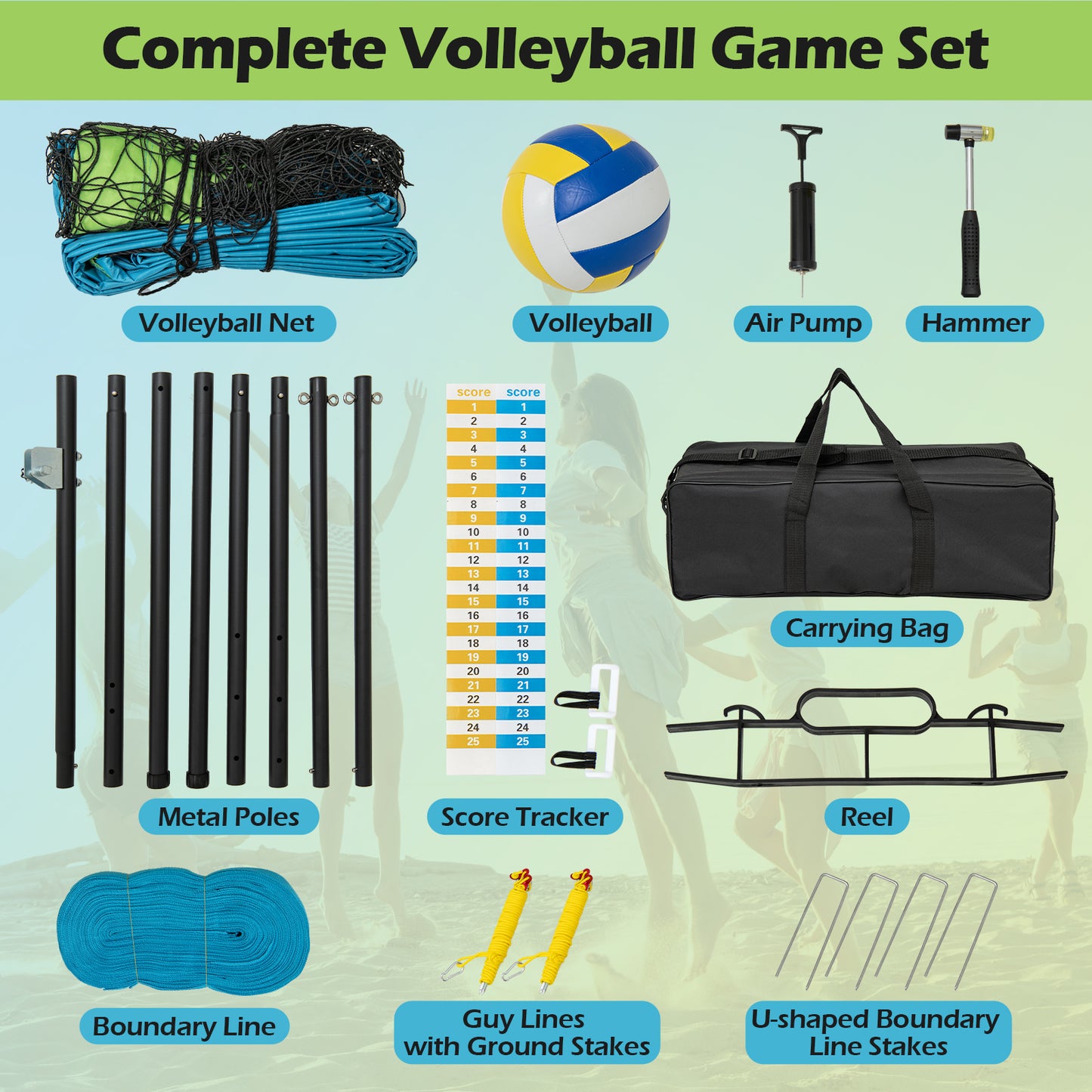 Portable Outdoor Volleyball Net Set With Height Adjustable Poles For Backyard Green