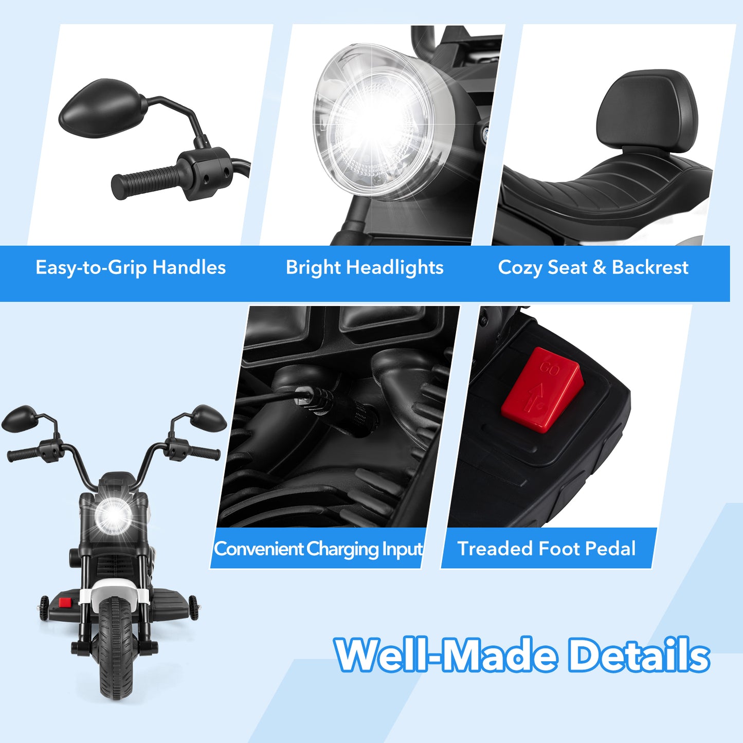 6V Electric Ride On Motorcycle | Training Wheels & Music White