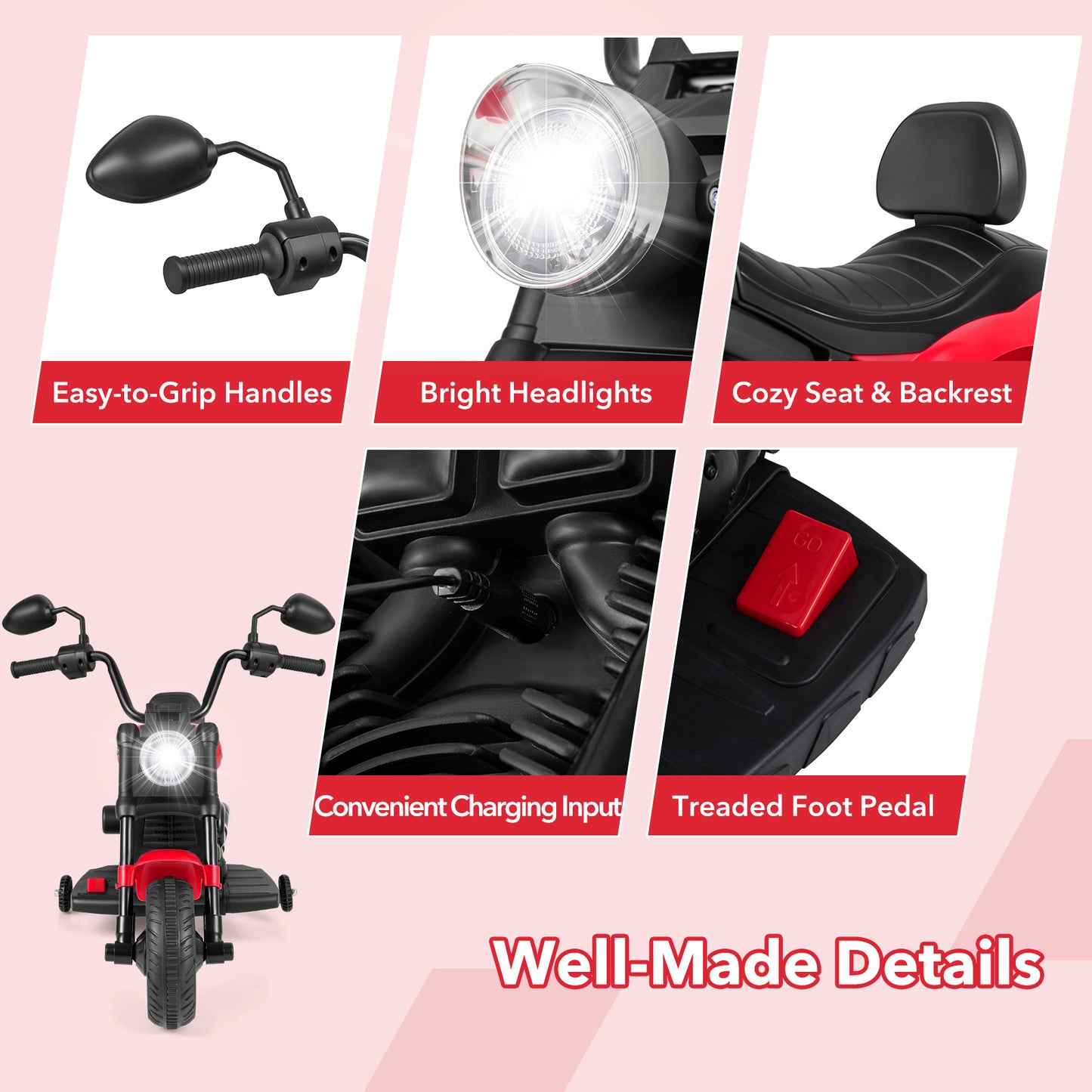 6V Electric Ride On Motorcycle | 25W Motor | Training Wheels Red