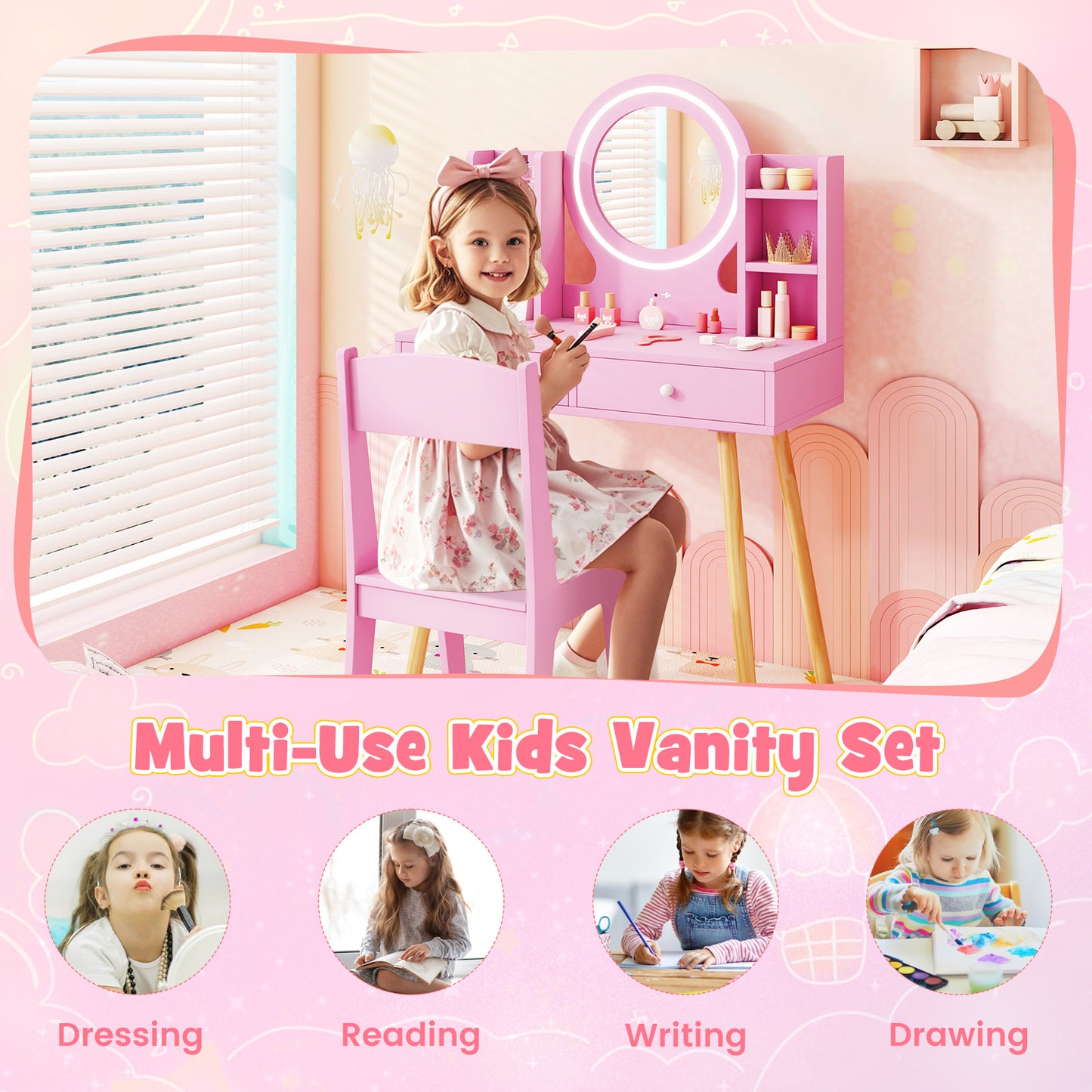 Pink Princess Vanity Set | 2-Colour LED Mirror & Storage Chair
