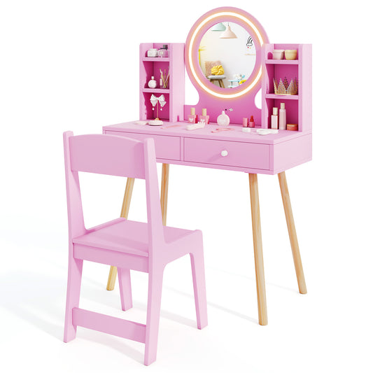 Pink Princess Vanity Set | 2-Colour LED Mirror & Storage Chair