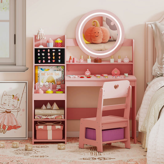 Pink Kids Vanity Desk | Built-in Lights & Storage Shelves