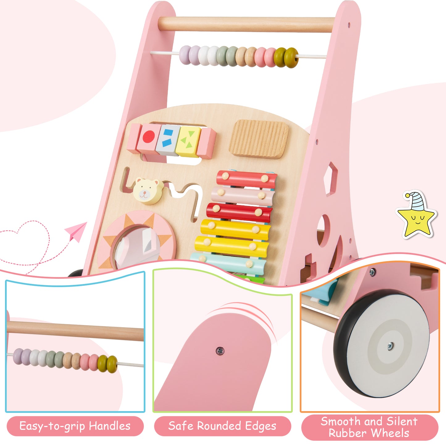 Pink Wooden Baby Walker | 7-in-1 Learning Activities & Toys