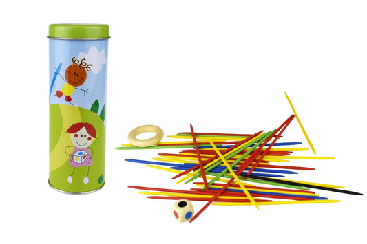 Portable Pick Up Sticks game in tin container features classic Mikado-style gameplay for on-the-go entertainment.