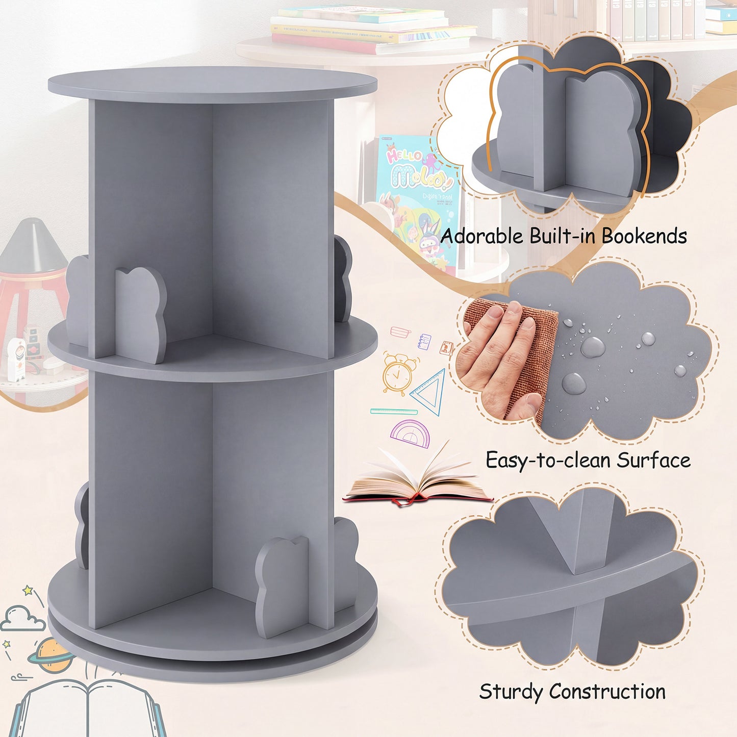 Grey 2 Tier Rotating Kids Bookshelf | Bear Bookends Bookcase