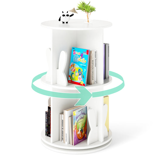 White 360° Rotating Kids Bookshelf | 2 Tier with Bunny Ends