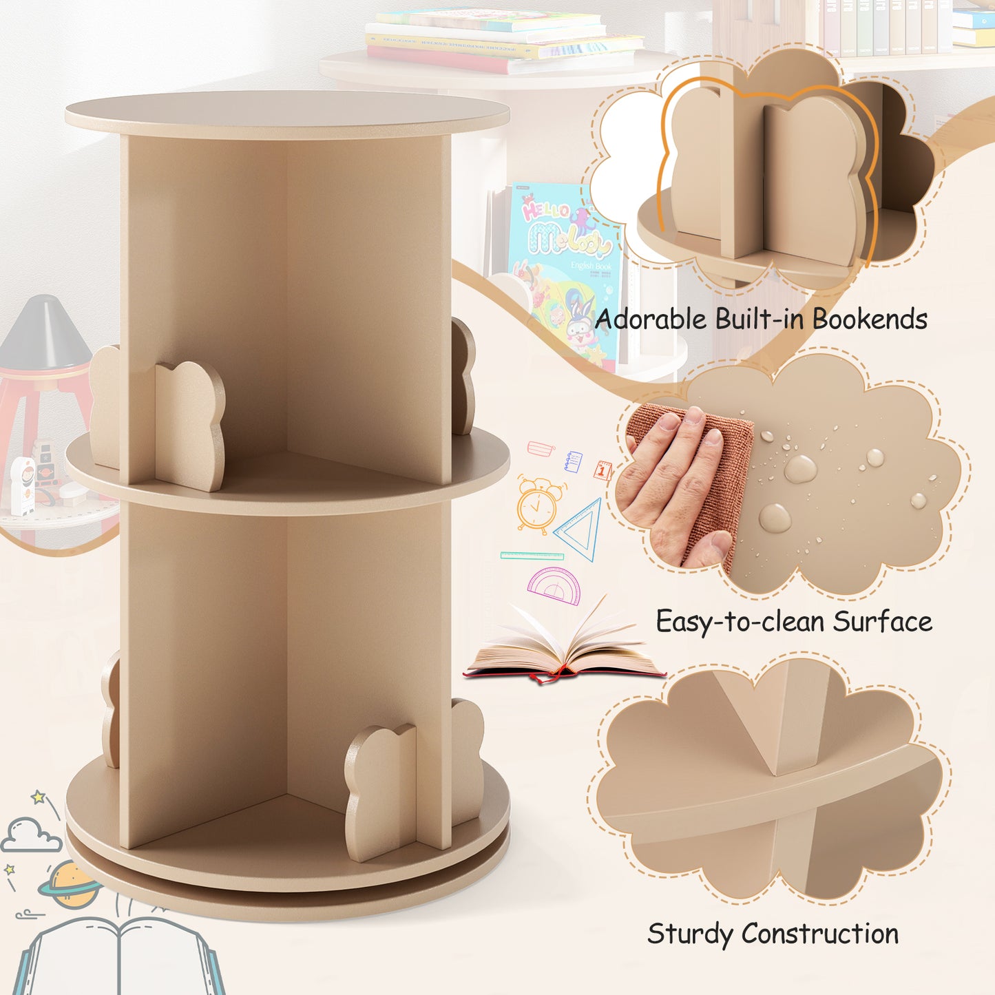 360° Rotating Bookshelf | 2 Tier Kids Bookcase Bear Bookends