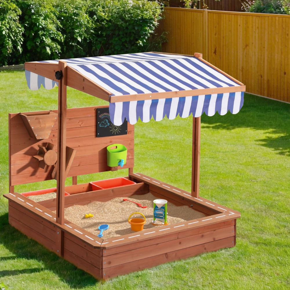 Wooden sandbox with canopy, cover, and funnel offers outdoor play in a spacious 110cm frame.