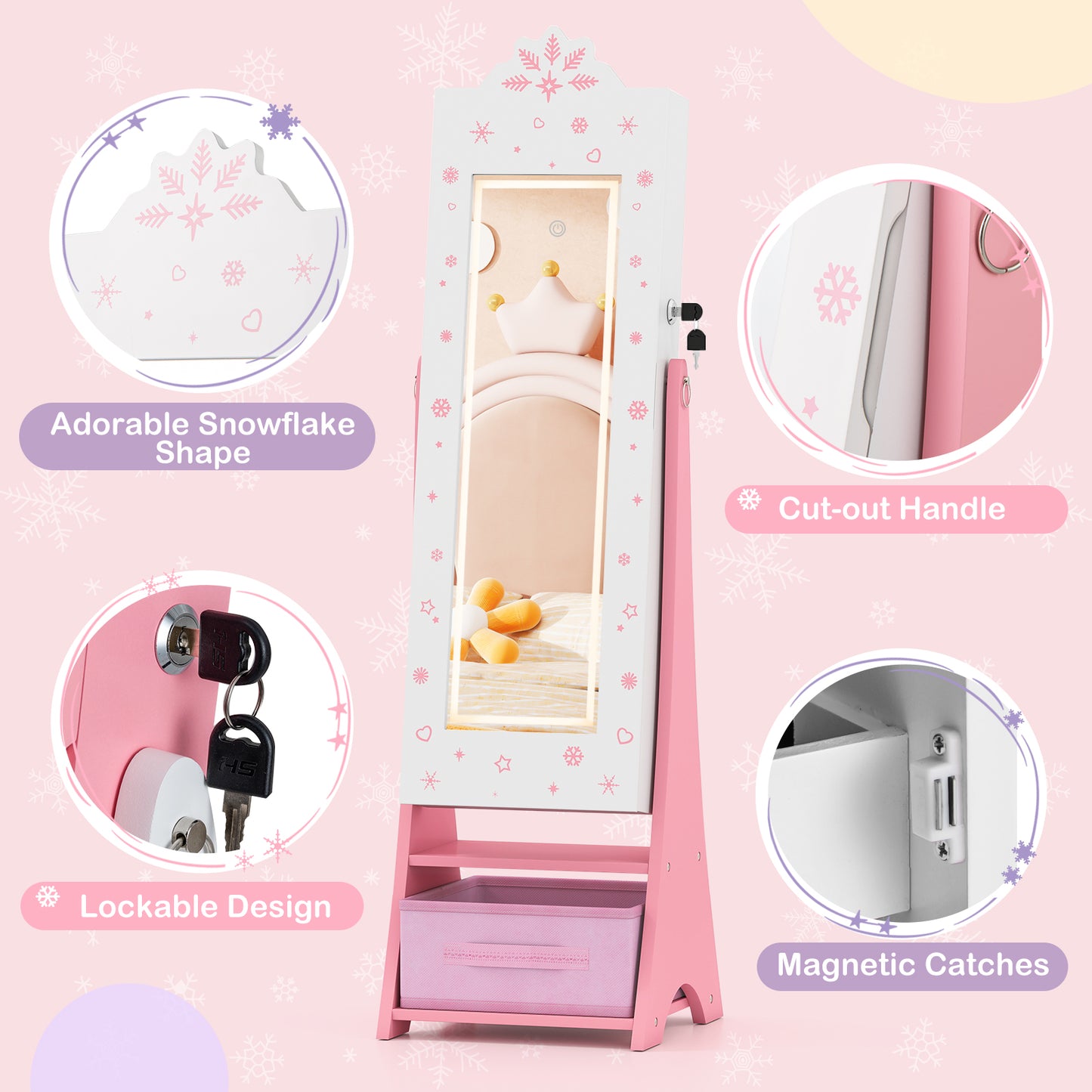 White Kids Jewelry Cabinet | LED Lights & Full Length Mirror