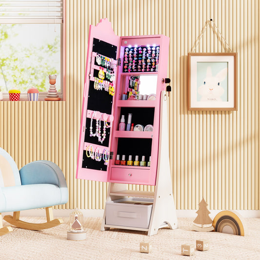 Kids Pink Standing Jewelry Organizer | LED Mirror Storage Cabinet