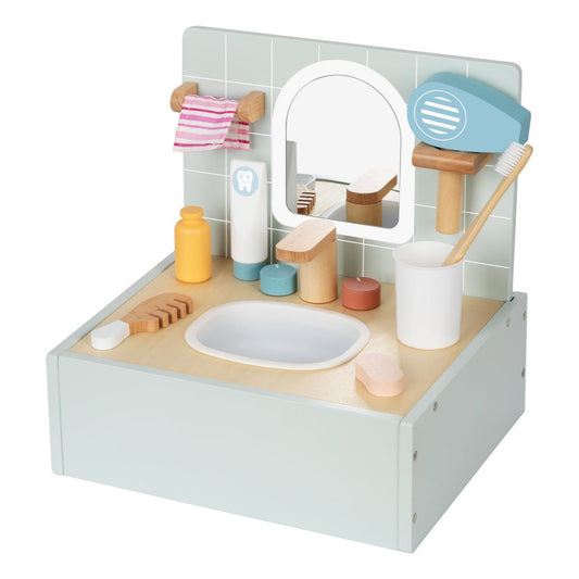 Wooden Bathroom Playset with accessories, ideal for imaginative play in kids home settings.
