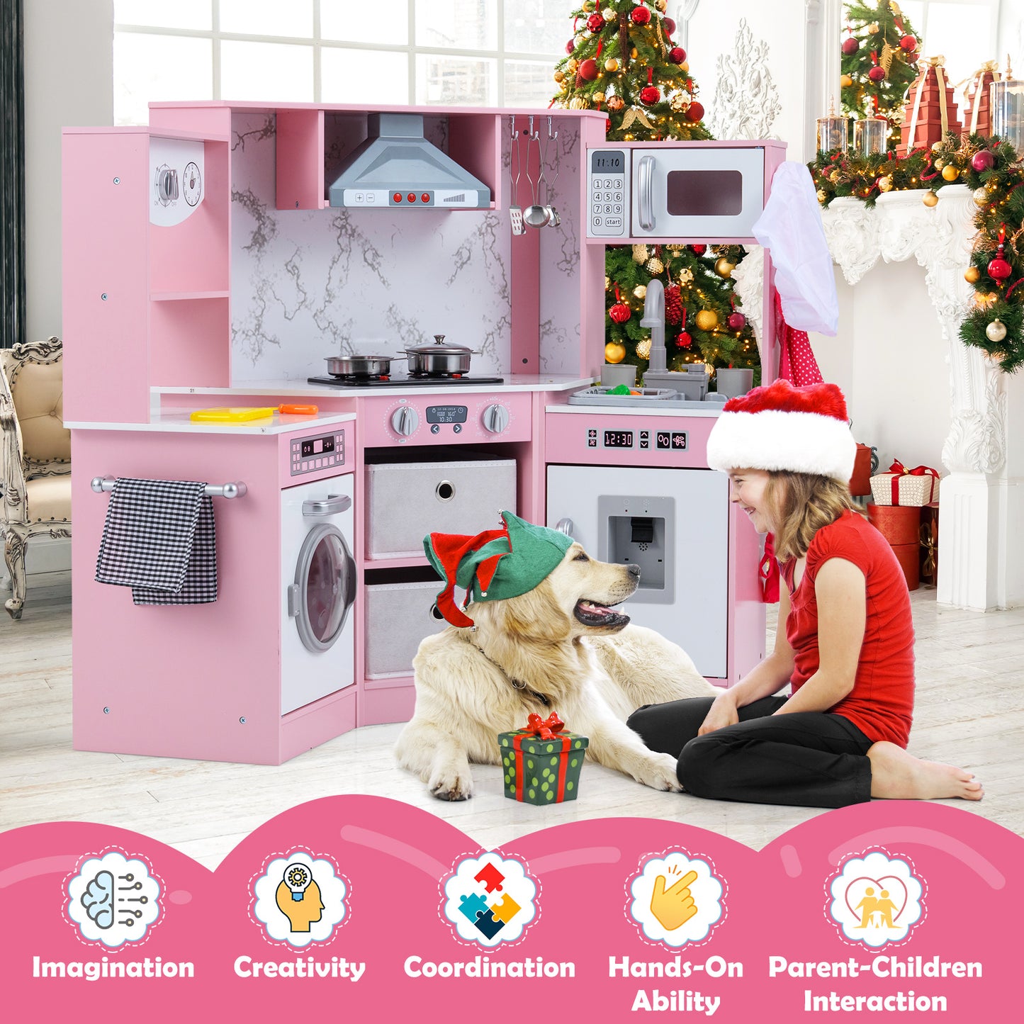 Pink Wooden Kids Corner Play Kitchen | Lights Sounds & Water