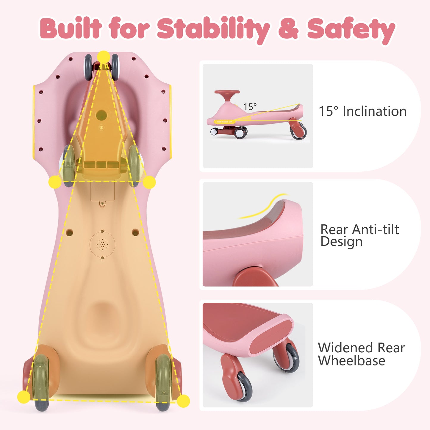 Pink Wiggle Car for Kids | LED Wheels Music and Horn
