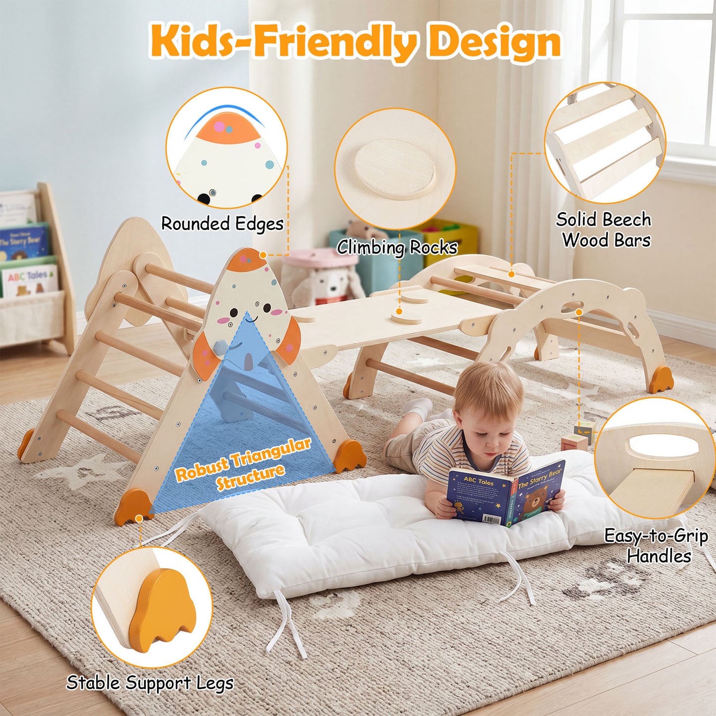 8 In 1 Natural Pikler Triangle Set | Rocket Themed Foldable Climber