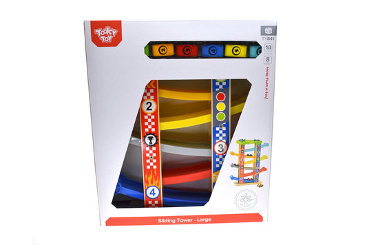 Sliding Tower Car Run | Colorful Ramps & 6 Cars for Racing Fun