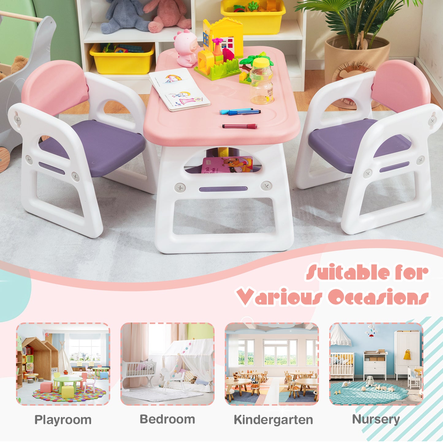Pink Kids Table & 2 Chairs Set | Spacious Desktop & Storage