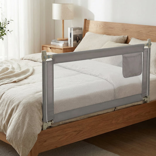 Grey Toddler Bed Rail | Adjustable Height Storage Pocket Lift