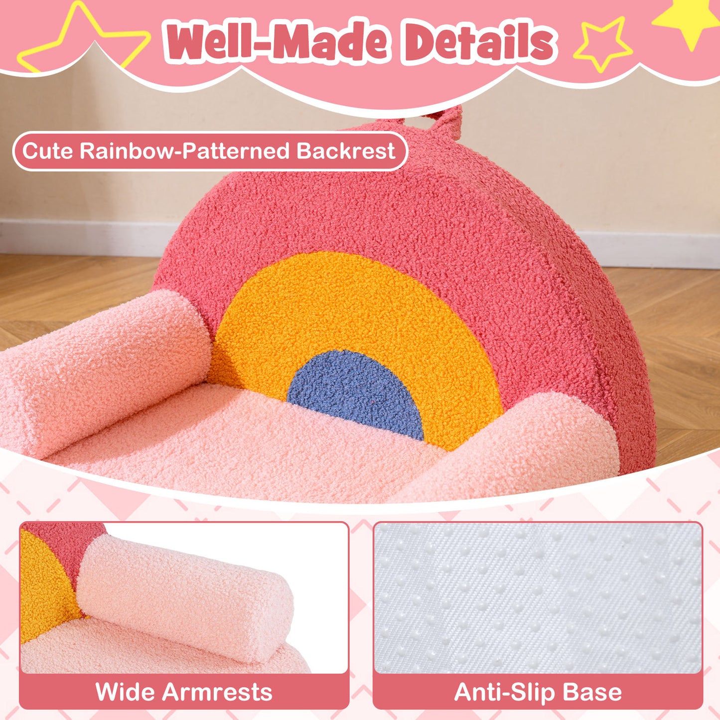 Kids Foam Sofa | Teddy Fleece Cover | Pink Rainbow Reading Chair Kids Foam Sofa | Teddy Fleece Cover | Pink Rainbow Reading Chair