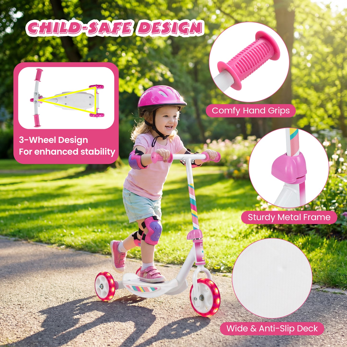 Pink Toddler 3-Wheel Kick Scooter | LED Light-Up Wheels