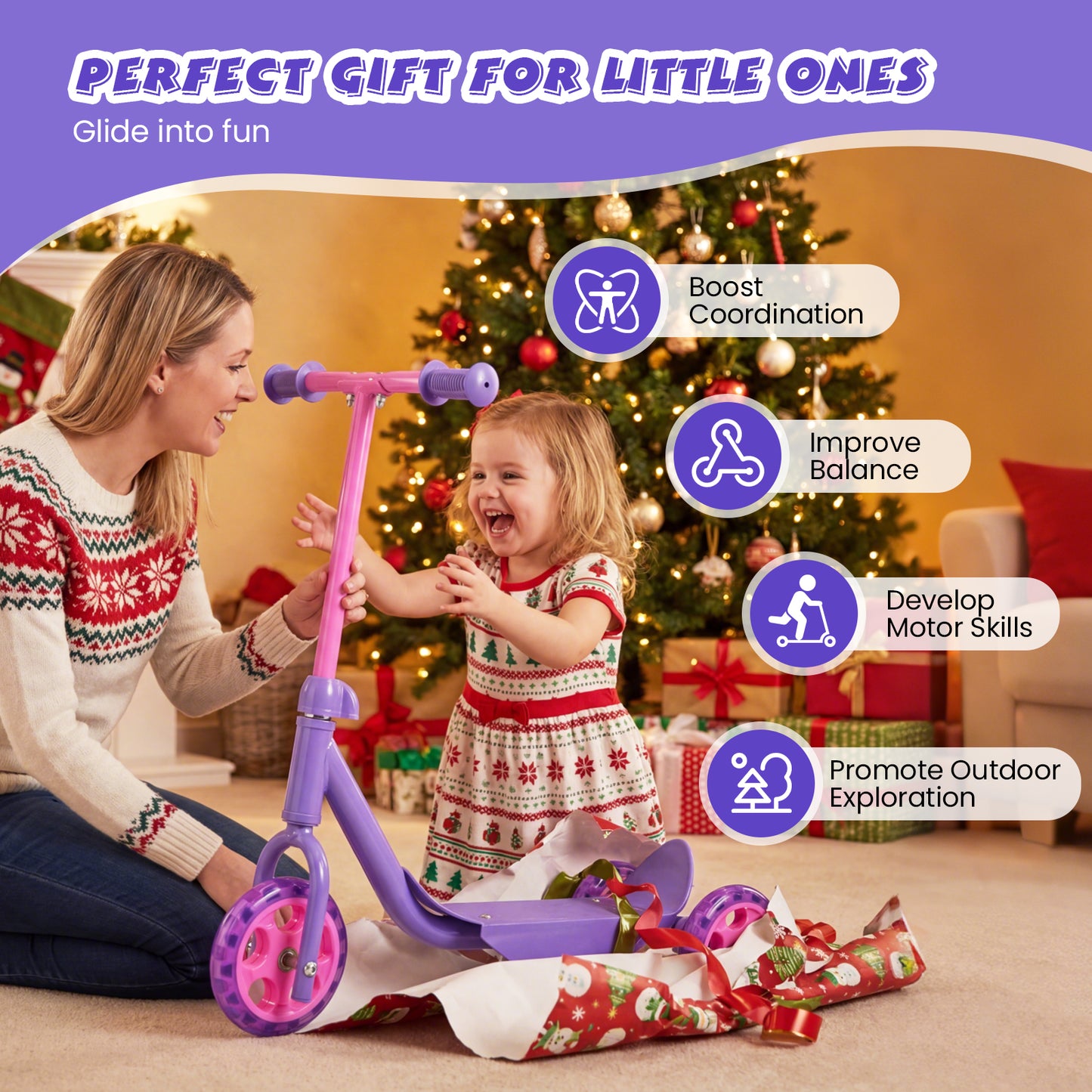 Purple Toddler 3-Wheel Kick Scooter | LED Light-Up Wheels