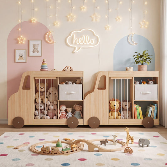 Natural Kids Bookshelf | Car-Style Toy Organizer With Wheels