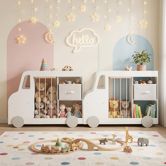 White Kids Bookshelf | Car-Shaped Toy Storage Organizer