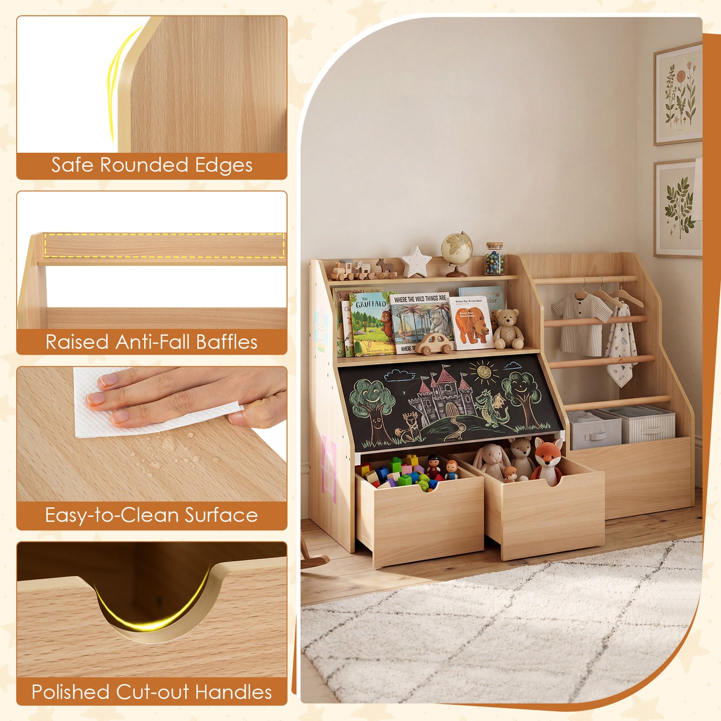 Natural Toy Storage Organizer | Blackboard Shelves & Hanging Rods